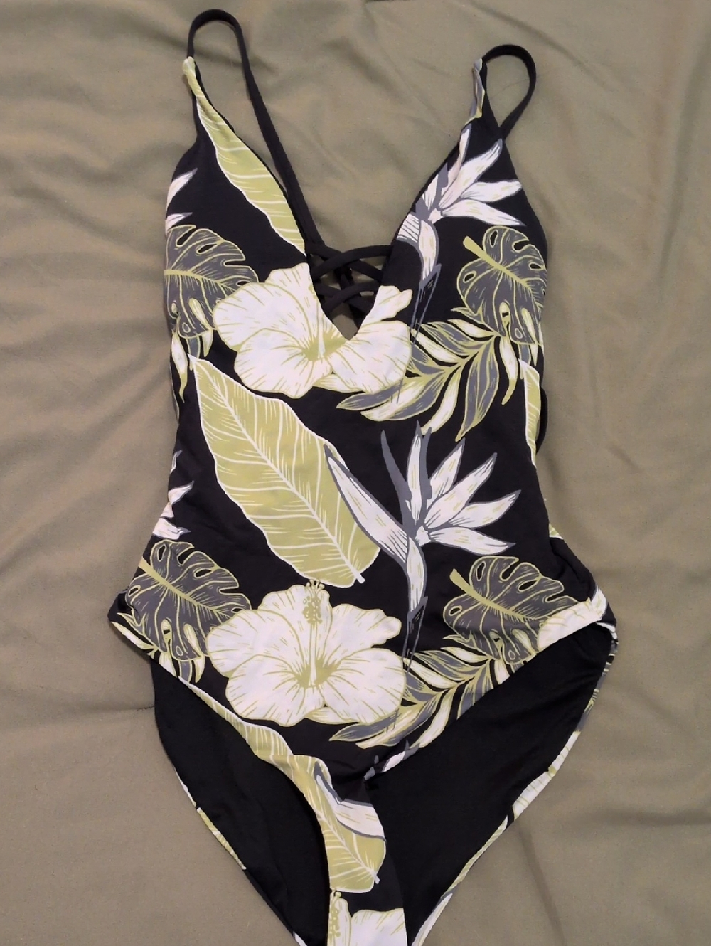Floral Print One-Piece Swimsuit - Black and Olive; Sandy Beach XS